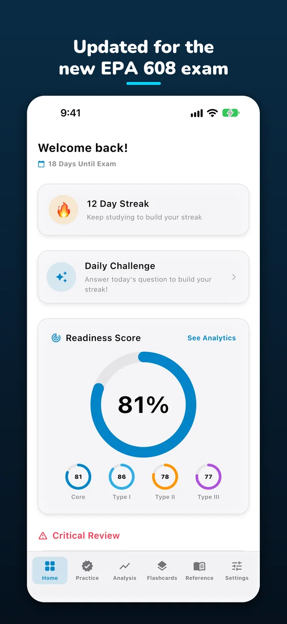 Updated for the new EPA 608 exam: the home screen with a study streak and an 81% readiness score.