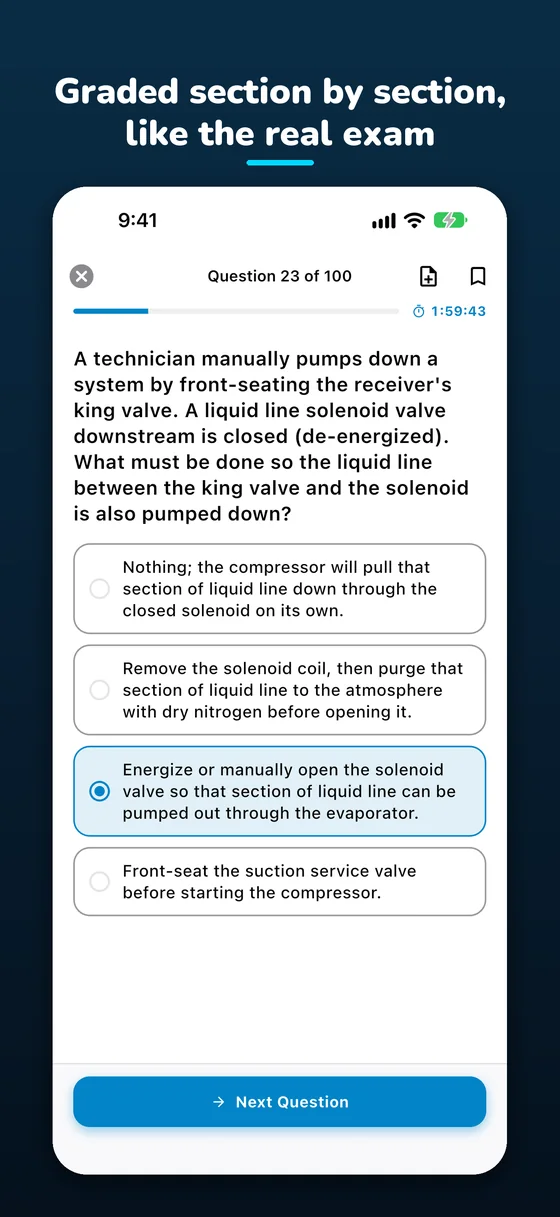 Graded section by section, like the real exam: a mock exam question with the timer running.