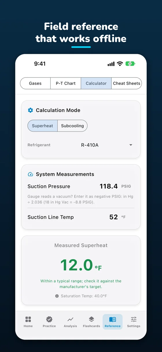 Field reference that works offline: the superheat calculator.