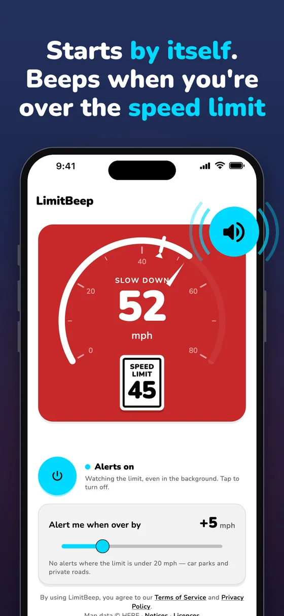 Starts by itself. Beeps when you’re over the speed limit: 52 mph in a 45 mph zone, the card flashing red.