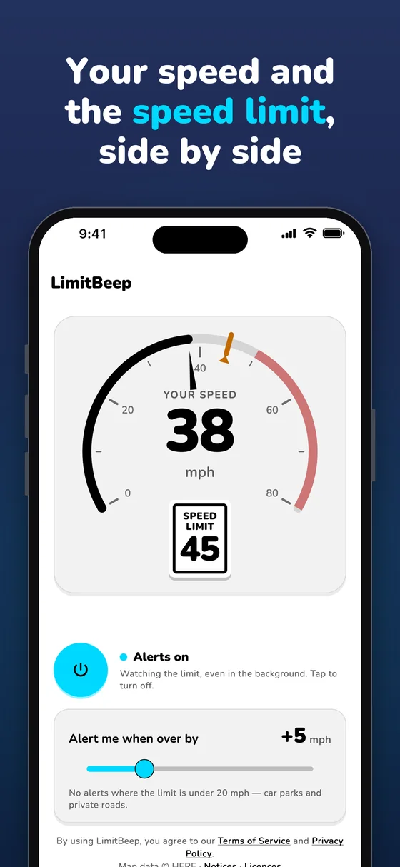 Your speed and the speed limit, side by side: 38 mph beside a 45 mph speed limit sign.