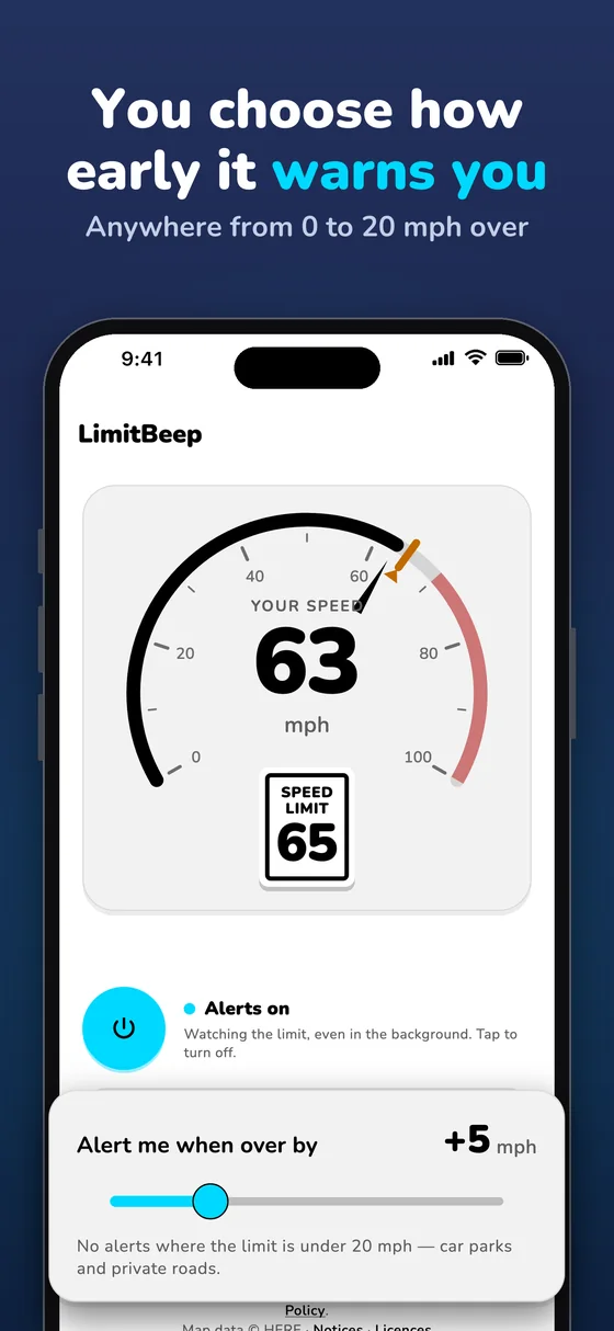 You choose how early it warns you: the alert margin, from 0 to 20 mph over.